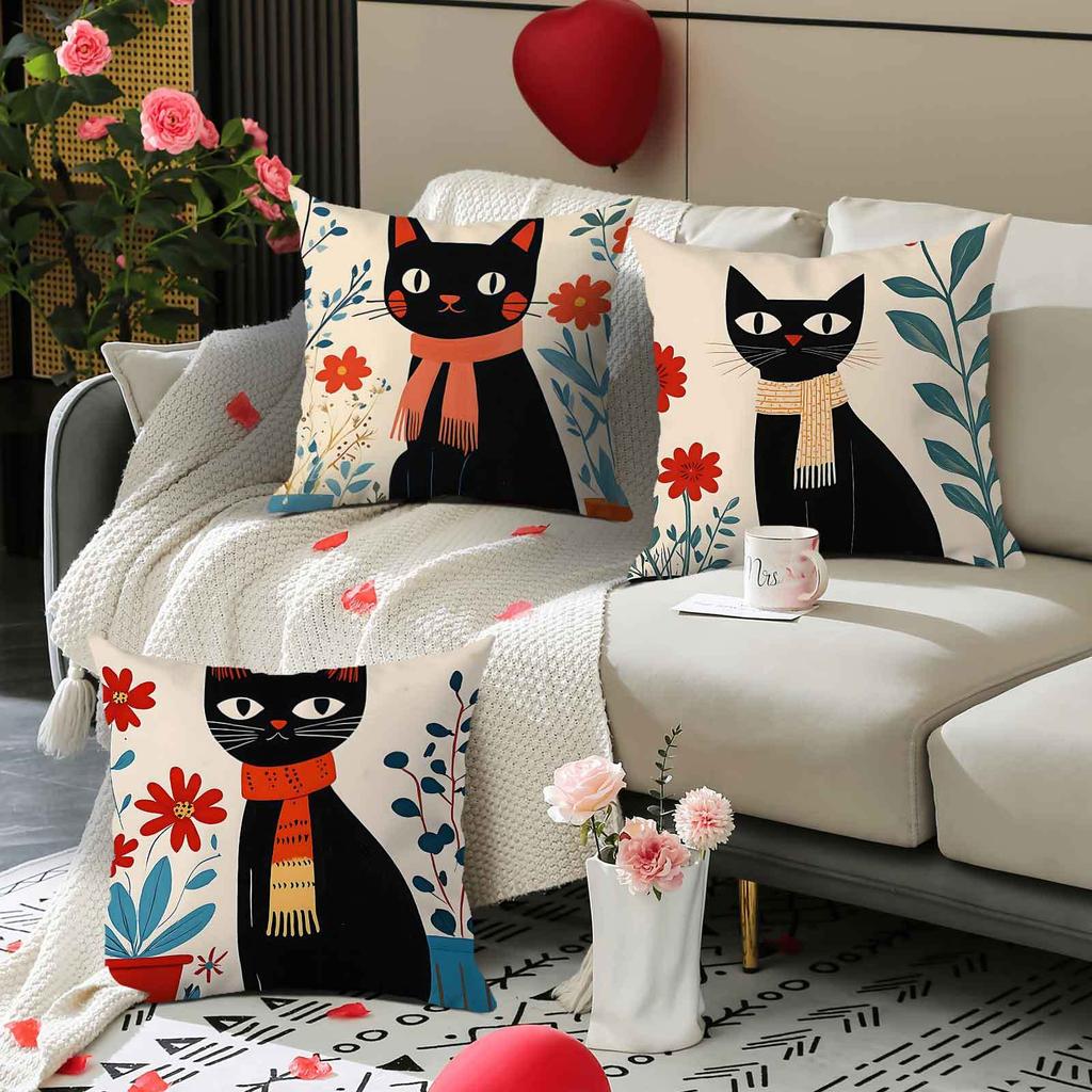 Black Cat Is Wearing A Scarf Digital Printing Pillow Cover Short Plush Suitable Living Rooms Bedrooms Sofas Throw Cushion Cover