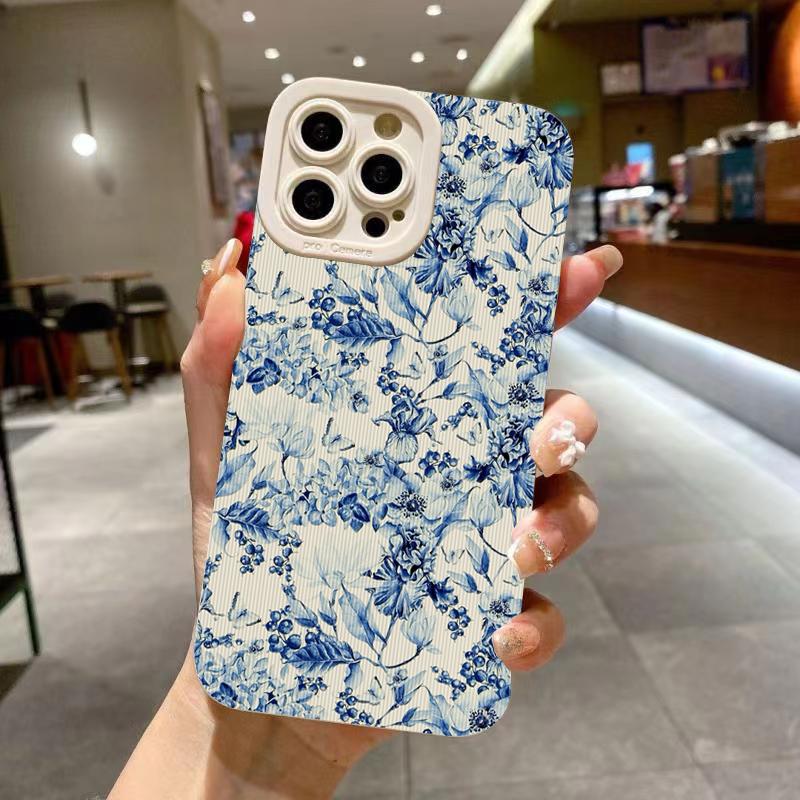 Elegant Blue Floral Phone Case For Samsung Galaxy S25 S24 S23 S22 S21 Plus Ultra A56 A55 A54 A53 A36 A35 A34 A33 A26 A16 Cover