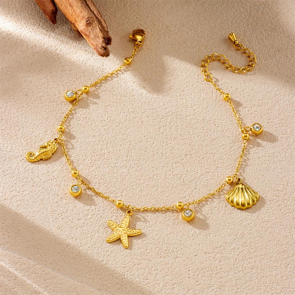 Ocean Starfish Scallop Seahorse Pendant Chain Diamond Inlay Anklet Foot Jewelry for Women