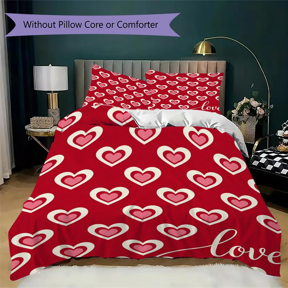 Rotes Love-Muster Bettwäsche-Steppdecken-Set Steppdeckenbezug Kissenbezug Heimdekoration Geburtstagsgeschenk (1 * Bettbezug + 2 * Kissenbezug ohne Füllung)