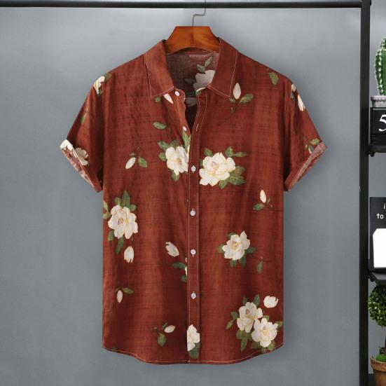 דש סגירת כפתורי שרוול קצר חולצת גברים קיץ פרחוני עלים הדפס חולצת הוואי