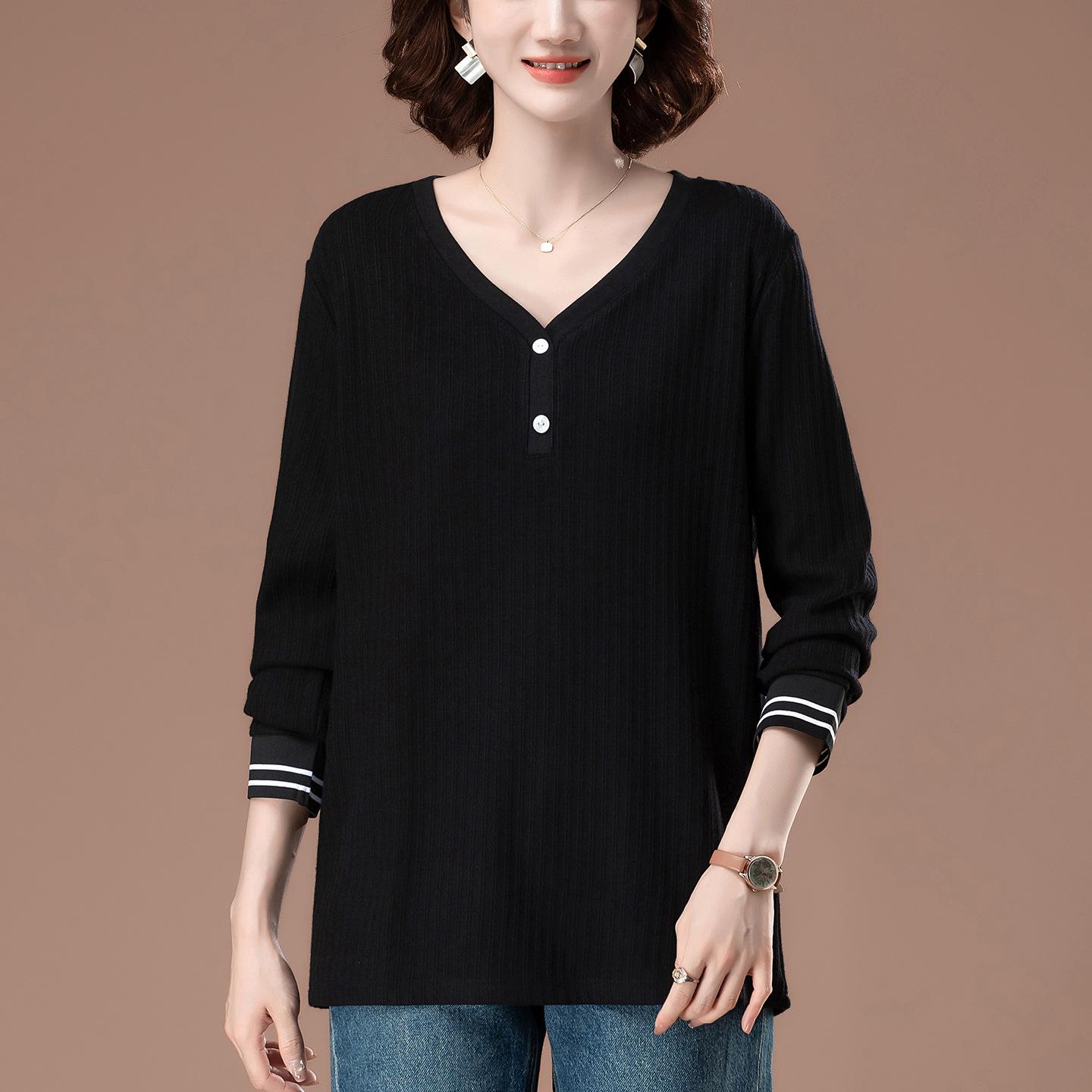 

Plus Size V-Neck Long-Sleeve T-Shirt for Middle-Aged Women - Loose Fit, Belly-Covering, Autumn & Spring Style L чёрный