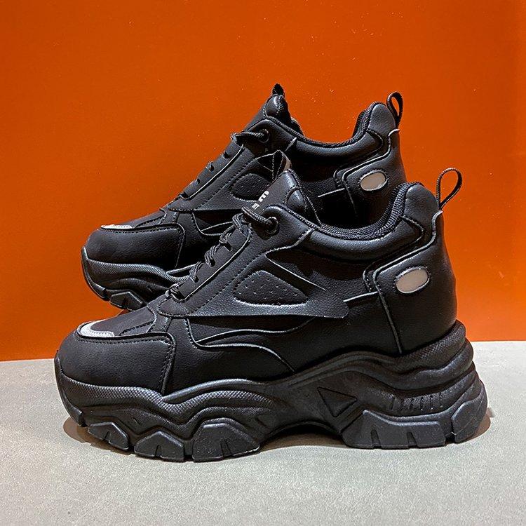Shoes Women's Spring and Autumn New Leather Sports Casual Shoes Platform-soled Lace-up Student High-heeled Single Shoes