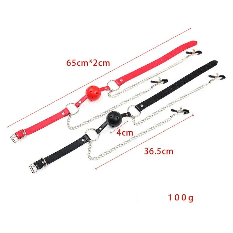 Jucărie erotică din piele PU Gag pentru gură Minge Sex oral cu clemă de lanț Sâni cleme pentru mamelon Fetish Bondage Harness Jucării sexuale Jocuri pentru adulți