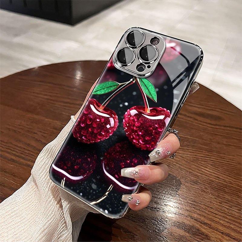 Cherry Pattern Tempered Glass Electroplated Silver Phone Case For iPhone 11 12 13 14 15 16 17 Pro Max Plus 16E 17 Air Cover