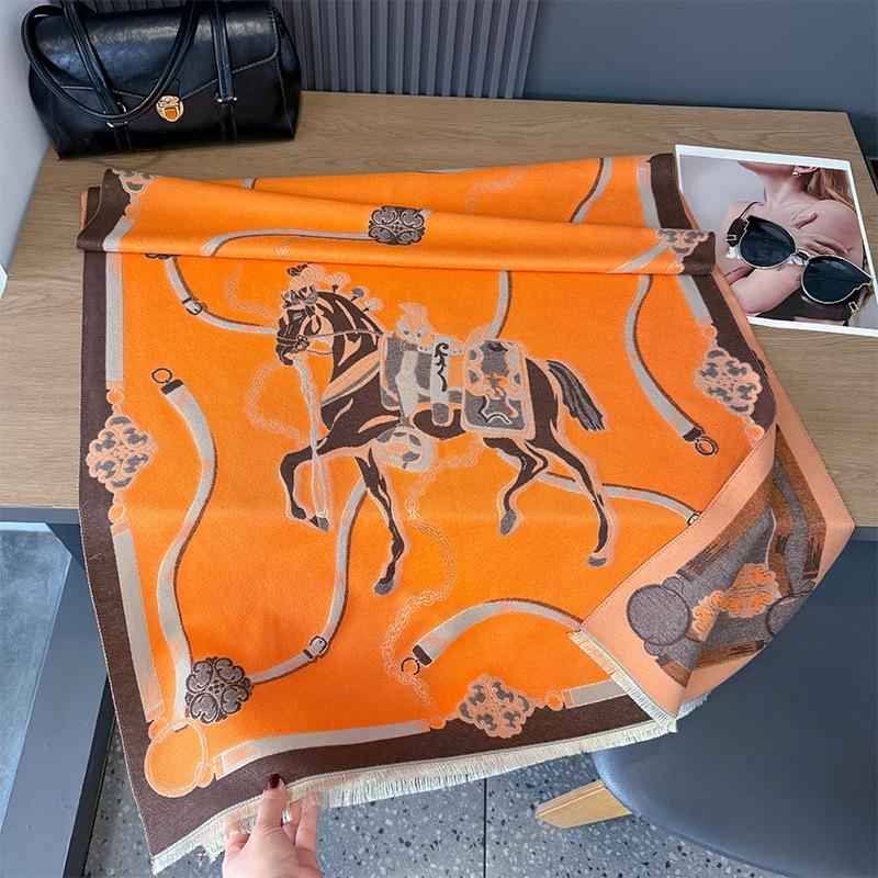 Autumn and winter new horse picture jacquard contrasting color double-sided imitation cashmere scarf personalized advanced soft breathable warm