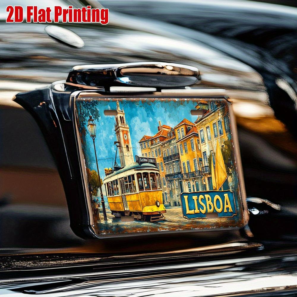 Printing, , Vintage Metal License Plate, Outdoor Wall Art , Number LISBOA Aluminum Sign with Lisbon Tram Scene, for Home, Bar