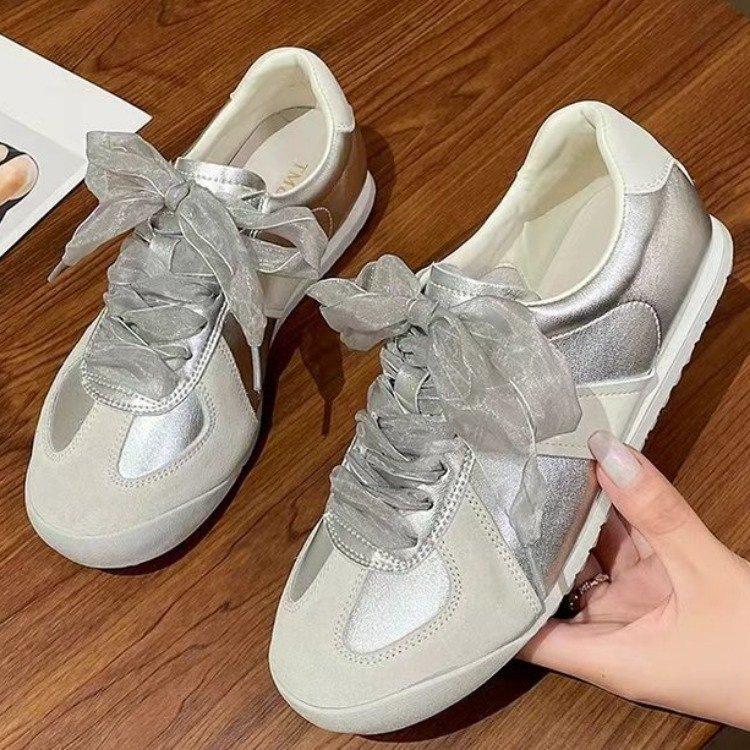 Retro casual sports shoes spring and summer new soft leather niche silver ballet training shoes