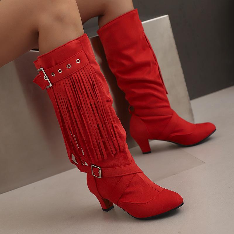 Women's High-Heel Suede Over-the-Knee Boots with Fringe, Pointed Toe, Large Size 45