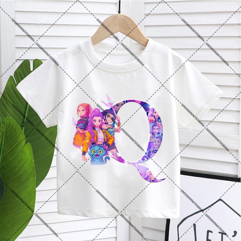 KPop Demon Hunters Child Pullover T-Shirt Cartoon Figure A-Z Letters Short-sleeve Summer Shirt Girl Cotton Casual Loose Clothing