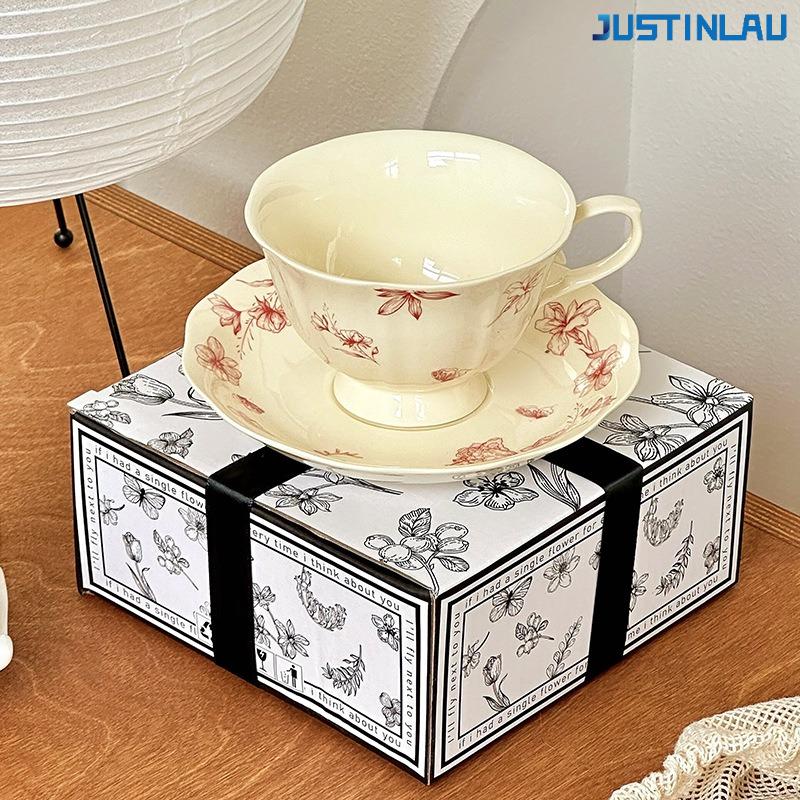 

French Retro Floral Ceramic Cup and Plate Set with Embossed Patterns High-end Feel for Girls Afternoon Tea Cute Cups