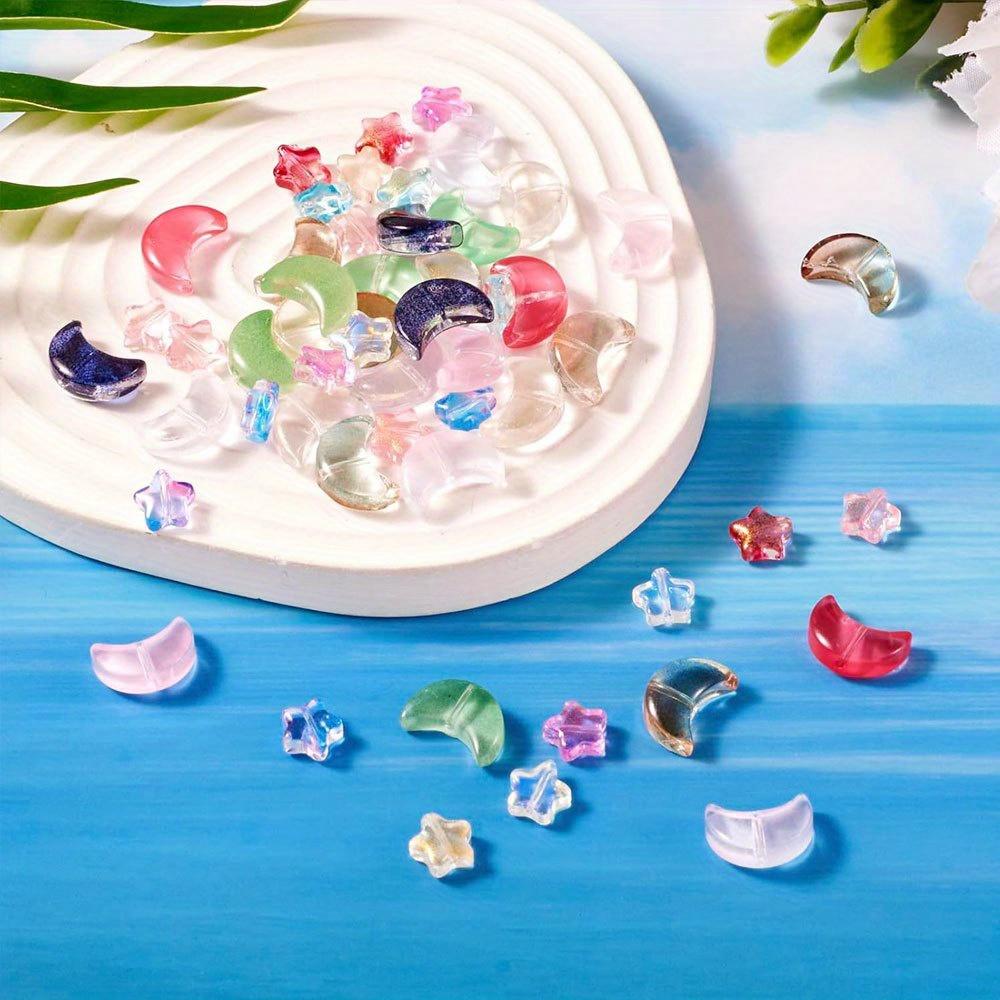 16/32/64 Stück Glasmaterial Mondperlen Stern Glas Bunte Anhängerperlen Mittig gebohrte Abstandsperlen DIY Freundschaftsarmband Ohrringe Halskette