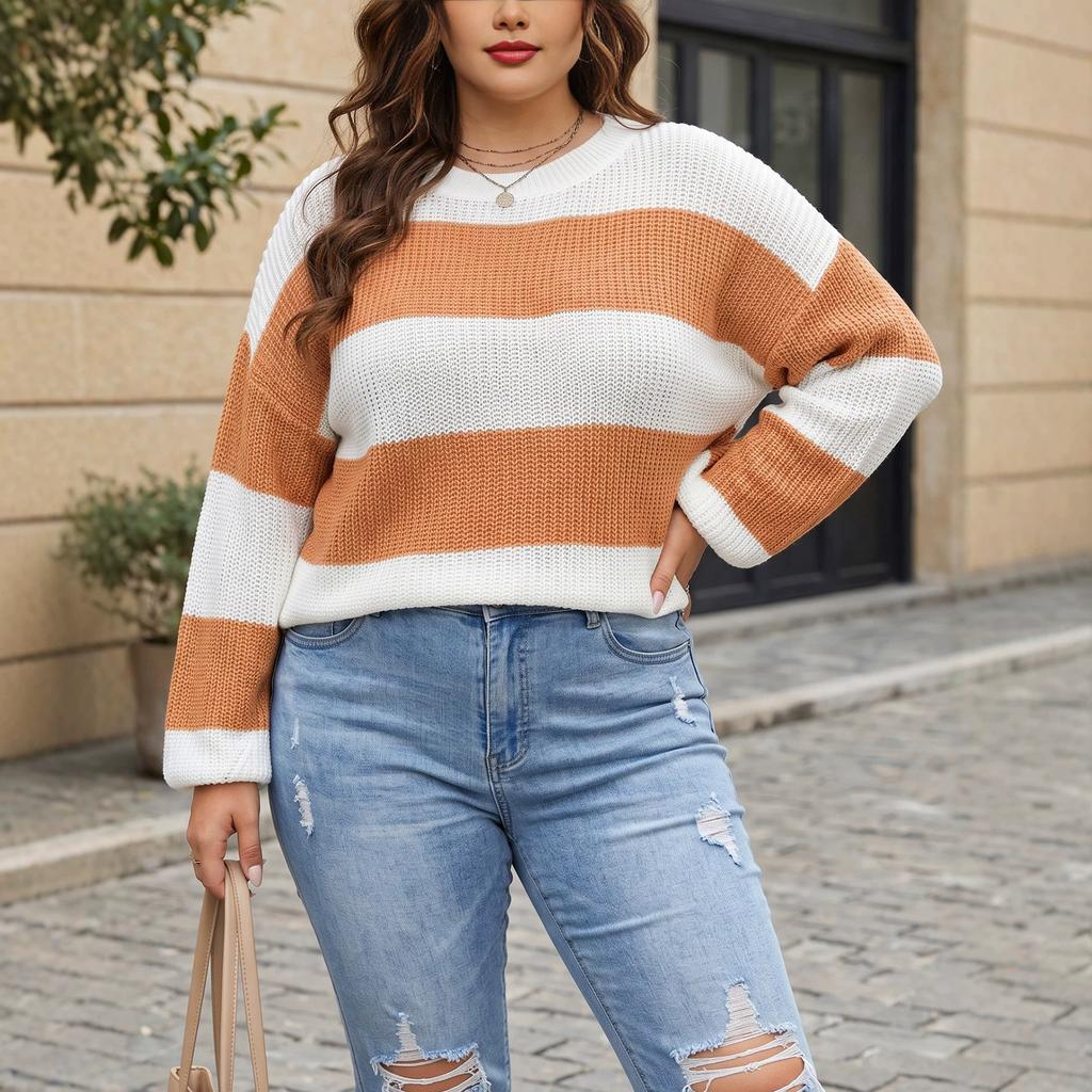 Women'S Top Plus Size Women'S Clothing Style Winter Warm Contrasting Striped Intercolor Pullover Sweater
