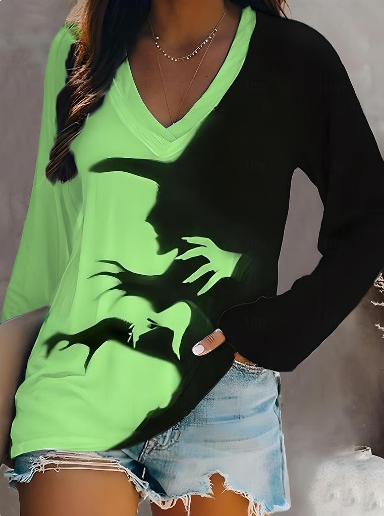 Halloween Bloody Print 3D Graphic Long Sleeve T-Shirt Casual V-Neck Top Polyester Breathable Women's Fashion Apparel