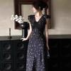Black Lace Splicing Floral Dress Summer Vacation French Temperament Beautiful Oblique Cut Waist Pinch Dress
