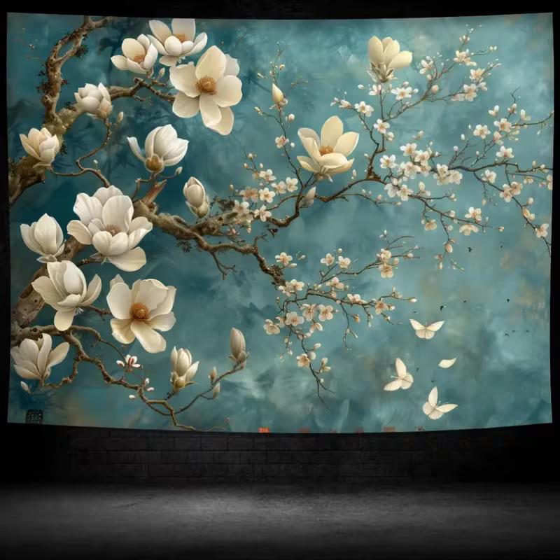 2D Teal Magnolia Flower Tapestry for Bedroom Living Room Decor