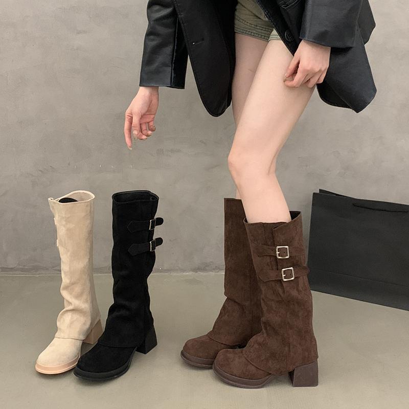 Fashion Autumn Winter Designer Buckle Strap Women Knee High Boots Fashion THick Heels Comfortable Long Botas