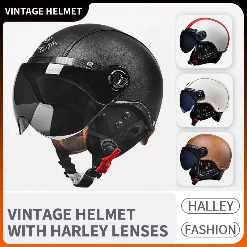 AD Retro Motorcycle Helmets with Harley Visor Leather Helmet for Man Electric Motorbike Vintage Protected Motor Safety Cap