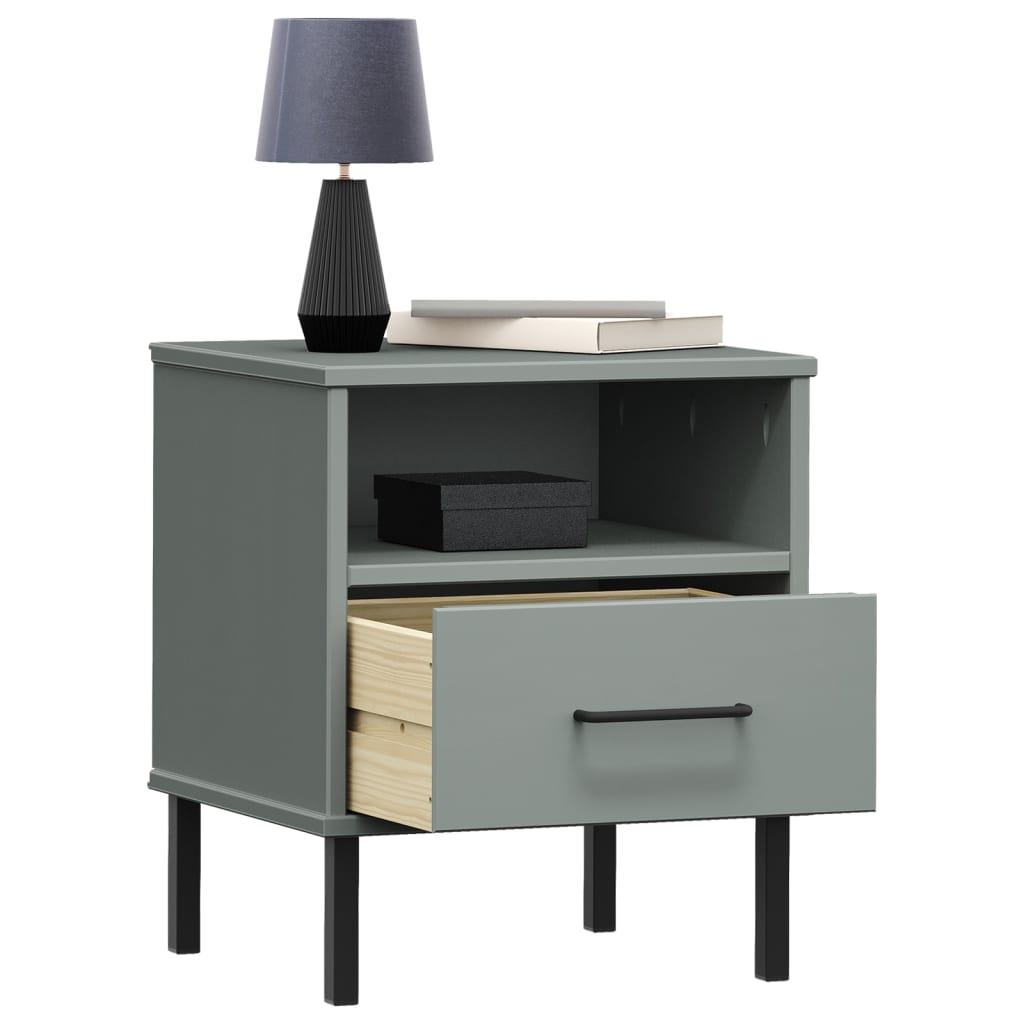 Oslo Nightstand with Metal Legs Grey Solid Pine Wood