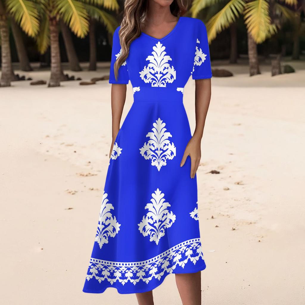 Damen Freizeitmode Retro Bedrucktes V-Ausschnitt Kurzarm Taillenlanges Kleid