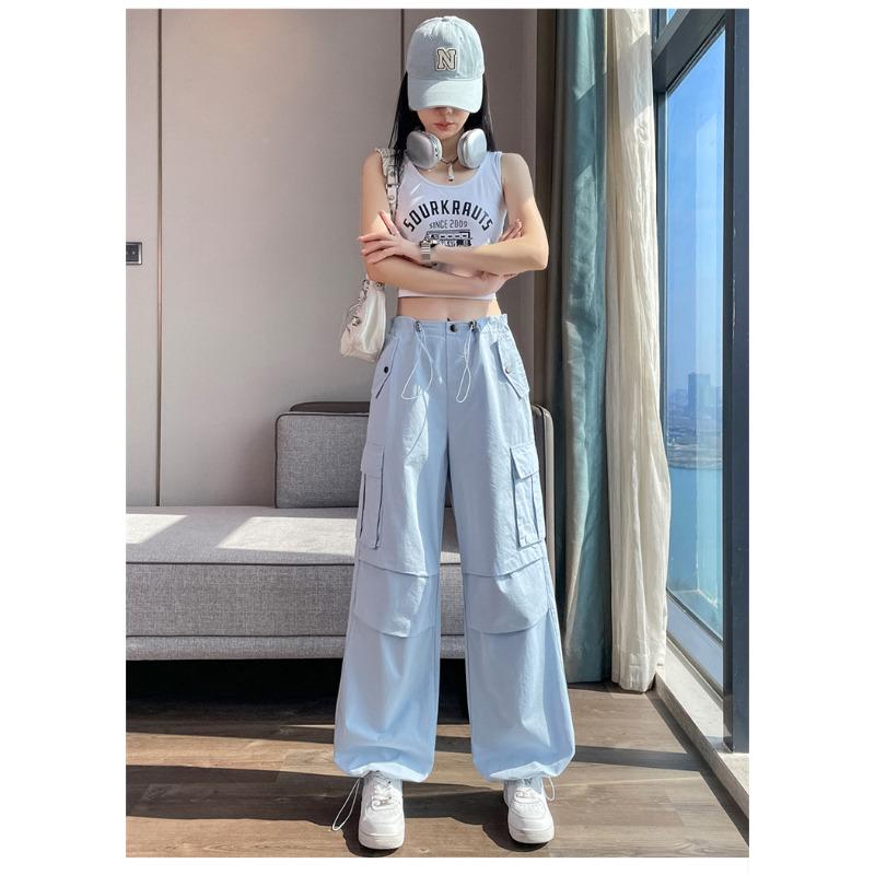 Summer Thin High Waist Tied Feet Wide Legs Two Wear Drawstring Casual Sweatpants