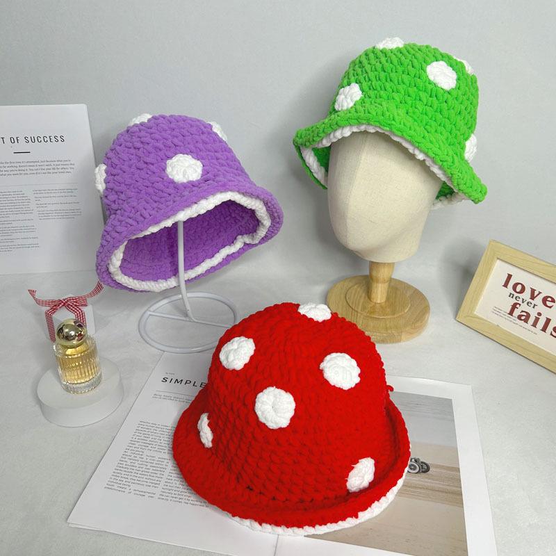 Charming Cartoon Crochet Mushroom Beanie - Cozy, Thick Knit Fisherman Hat for Autumn and Winter.