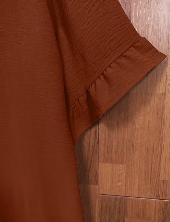 Plus Size Women's Ice Silk Pleated Ruffle Top with Flare Sleeves and Round Neck.