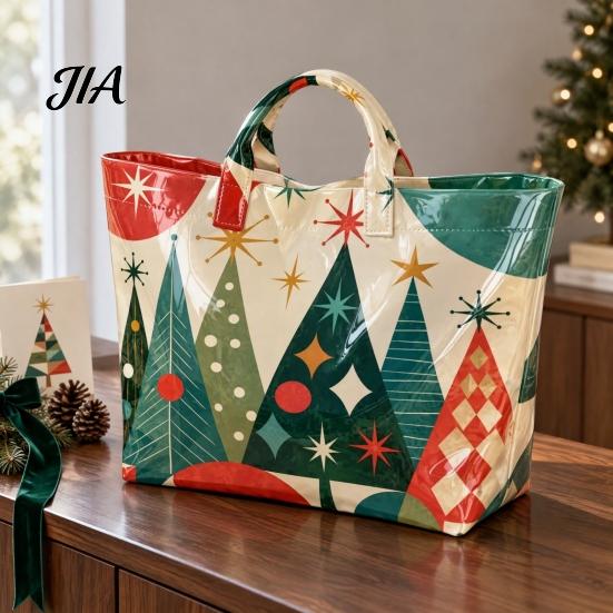 Reinforced Handle Carrying Bag Christmas PVC Tote Bag, Large Waterproof Shoulder Santa Deer Tree Stylish Holiday Gift Print, Reusable Grocery