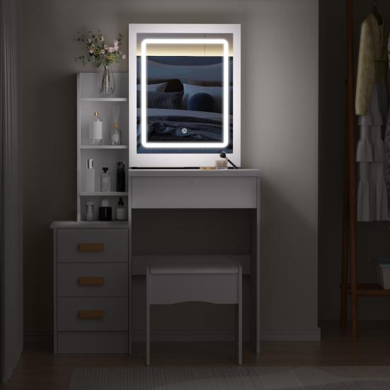 Makeup Mirror Desk Vanity with Sliding and Lights, Bedroom Dressing Table, Lighted Table Drawers & Shelves, Hidden Storage Space Dresser