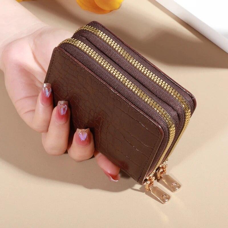 Elegante cartera multitarjetas para mujer - Cartera de mano con doble cremallera | Monedero informal de piel sintética con elegante tarjetero de cocodrilo