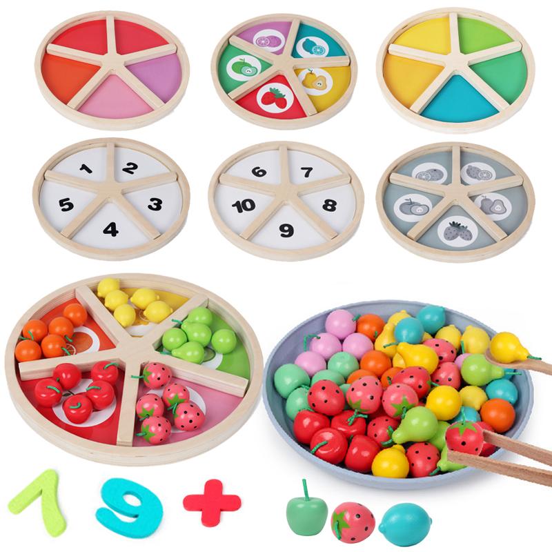 Kid's Montessori Education Rainbow Blocks Simulation Fruit Classification Toys Learning Color Math Pretend Play Clip Fruits Toys