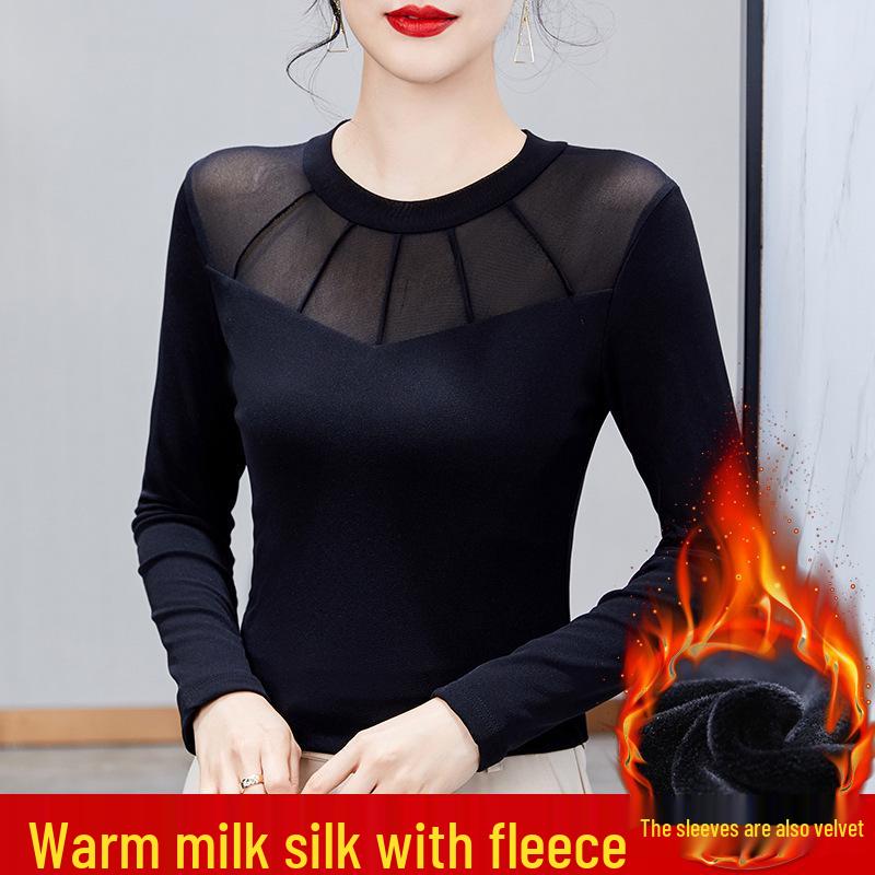 

Women s Autumn & Winter Mesh Velvet Slimming Round Neck Top 3XL