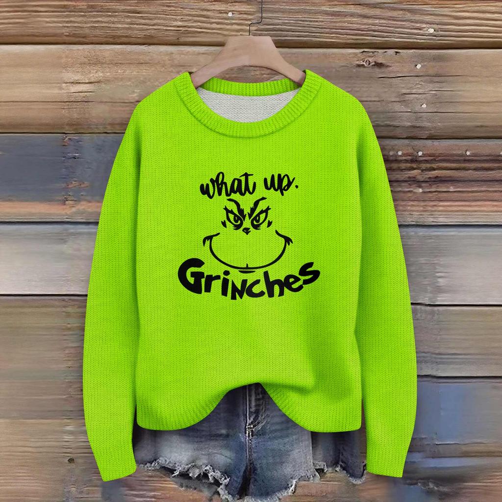 Long Sleeve Pullover Sweaters For Women O Neck Casual Cute Printing Knit Oversized Sweater