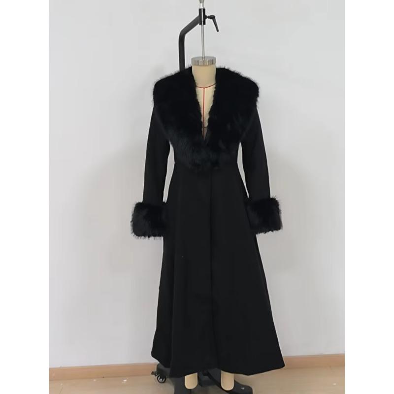 Women Wool Blend Coat Faux Fur Collar Cuffs Fitted Waist Flared Maxi Silhouette Outerwear Winter Elegant Street Overcoat