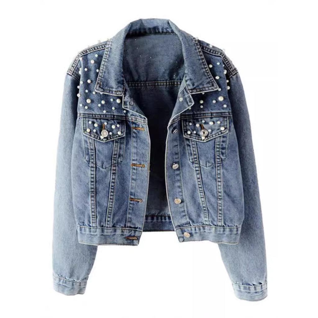 Women's Short Denim Jacket Beaded Pearl Jacket Loose Spring and Autumn Denim Jacket