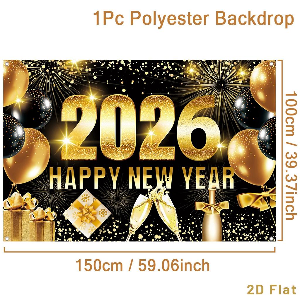 Black Gold Happy New Year 2026 Backdrop Glitter Firework Christmas Party Decoration Photography Background New Year Photo Props