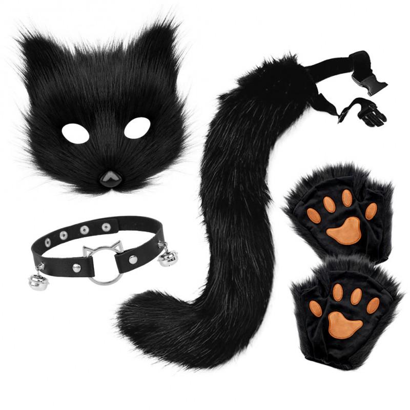 Halloween Fox Mask Set With Paws Gloves Cute Collar Furry Tail Cosplay Costume Party