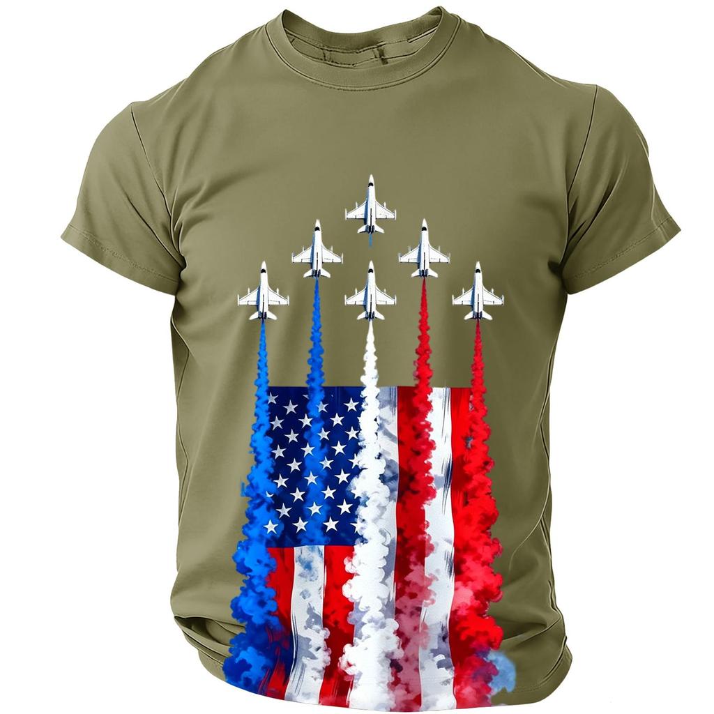 Herren T-Shirt mit kurzen Ärmeln und Rundhalsausschnitt mit Flaggen- und Düsenflugzeug-Grafikdruck, lässige Passform, Oberteil für den Alltag