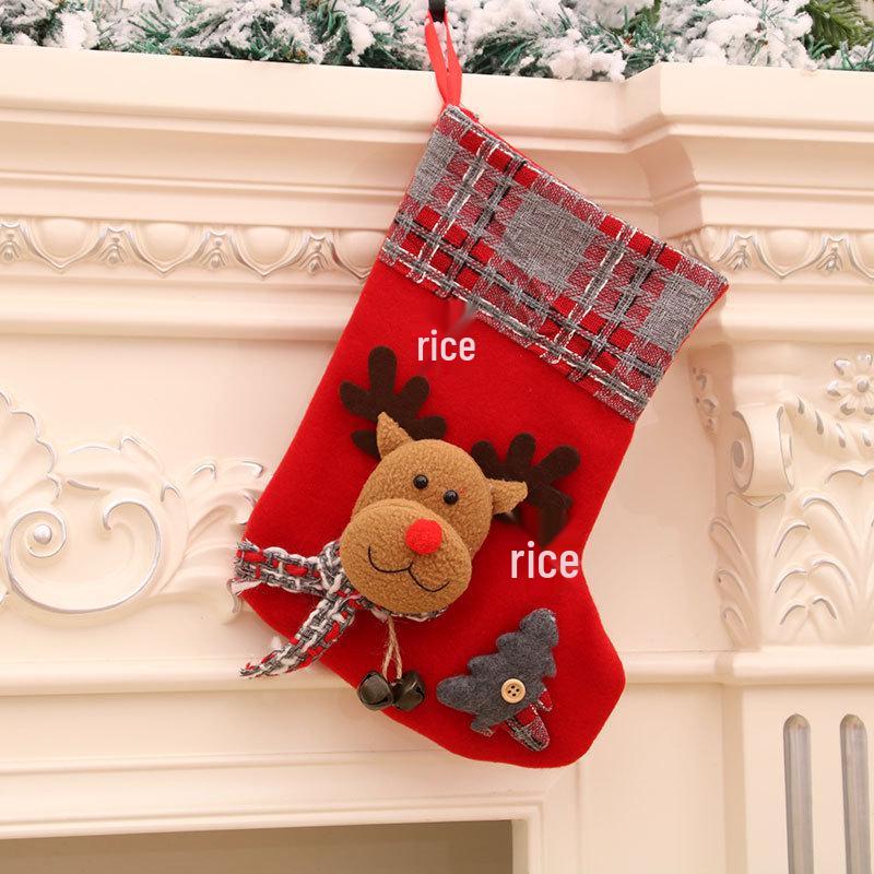3D Plaid Flannel Christmas Stocking & Medium Sock Gift Bag with Bell Strap