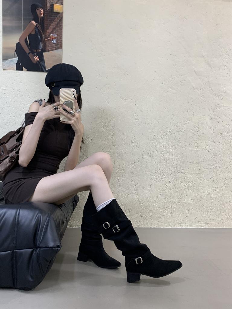 Khaki High Heel Suede Pile Medium Boots Women's Boots 2025 Fall Winter Western Skinny Long Knight Boots