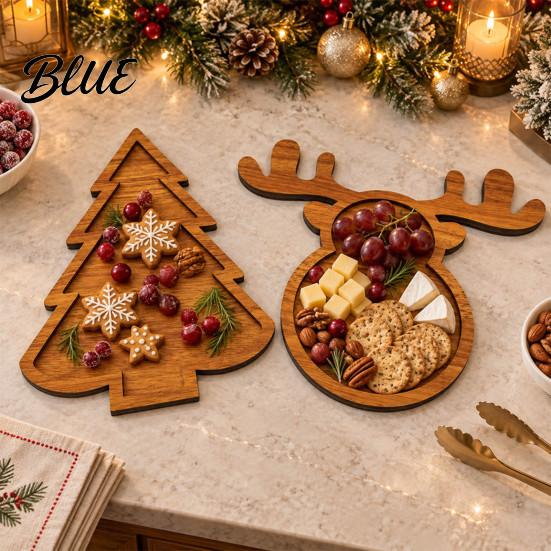 Natürliches Holz Snack-Organizer Weihnachtsbaum und Elch Serviertablett, Langlebige unterteilte dekorative Nuss-Fruchtschale Speiseplatte, Geschirr für