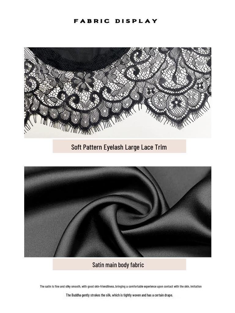 Black & White Satin Morning Robe with Flared Sleeves, Lace Accents, Long Style, Tie Belt, and Train Hem