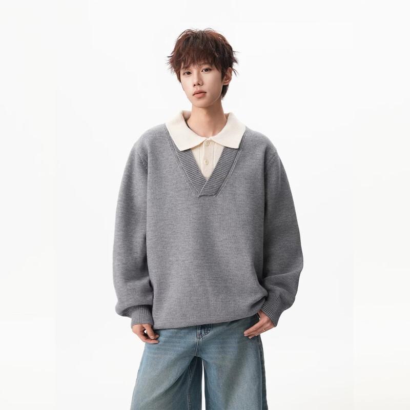 QOTRIOCK Men's Fake Two-Piece Lapel Knit Sweater
