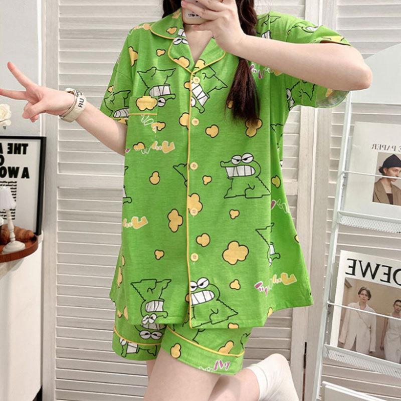 GMXIA High-quality Cotton-like Cute Cardigan Short-sleeved Student Pajamas for Women, Sweet Summer Style for Women's Home Wear