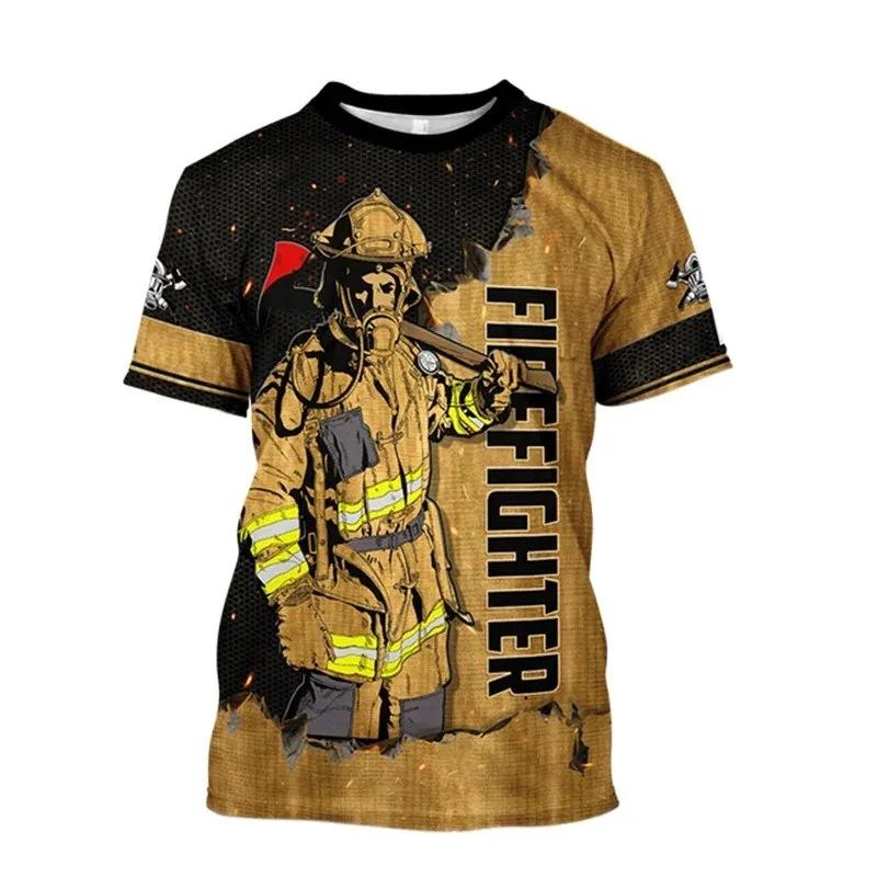 Firefighter Fire Simulation Drill Pattern 3D Print Cross-border New Men's Casual Short-Sleeve T-Shirt Factory Direct Sale