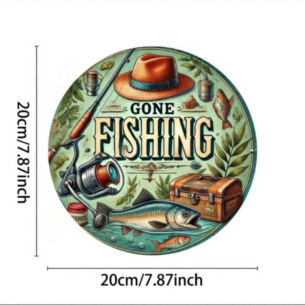 Metal Fishing Sign Rustic Round Wall Decor Waterproof Indoor Outdoor Home Office Bar