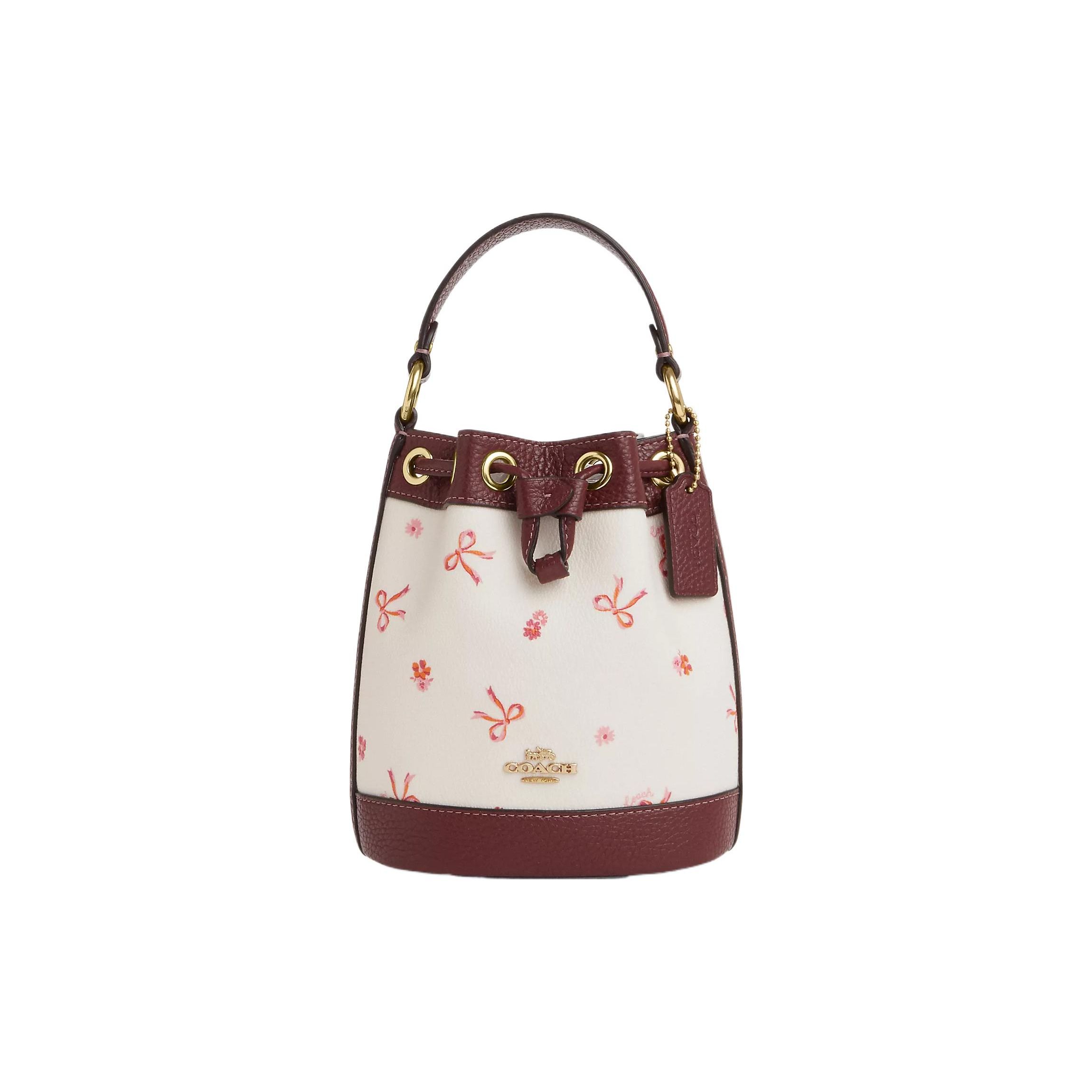 

Coach Dempsey 15 Letter Logo Drawstring Closure Bow Print Coated Canvas Pebble Leather Bucket Bag Women handbags White Red CN707-IMWDA Basic Set (Bag+Dust Bag)