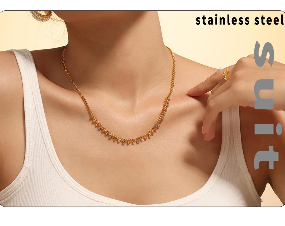 18K Gold-Plated Titanium Steel Necklace & Bracelet Set with Round Bead Spacer & Diamond Tassel