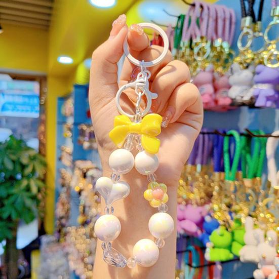 Keychain Macaron Color Heart Flower Beads Design Key Chain Transparent Colorful Pendant Mobile Phone Chain Bag Hanger Anti-Lost Accessory