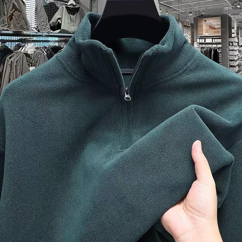Autumn/Winter Men's Stand Collar Half-Zip Fleece Hoodie - European Size Double-Sided Warm Base Layer